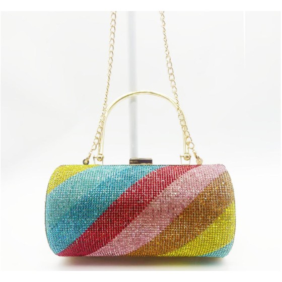 Rainbow rhinestone sparkling evening clutch bag, round cylinder messenger bag, high-end fully diamond-encrusted banquet ladies' clutch bag